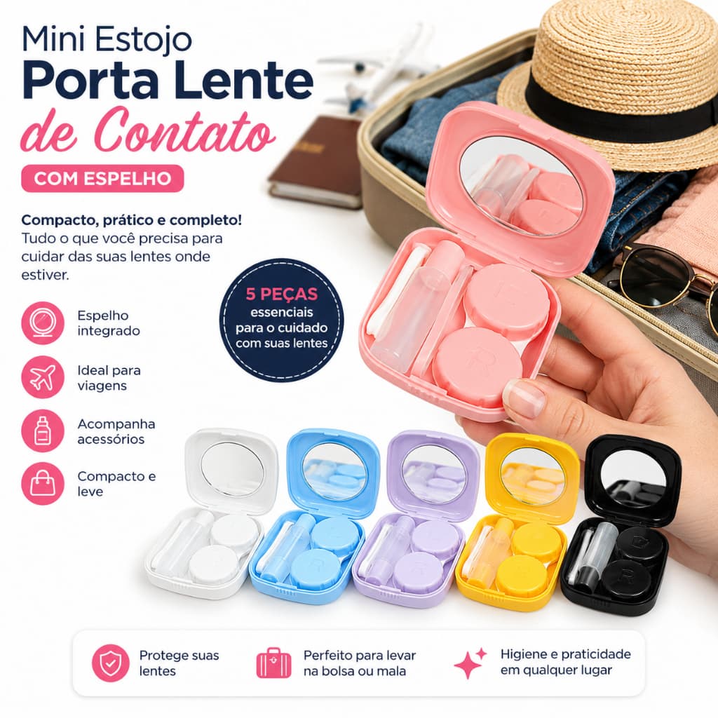 Mini Estojo Porta Lente de Contato com Espelho Portátil com Acessórios