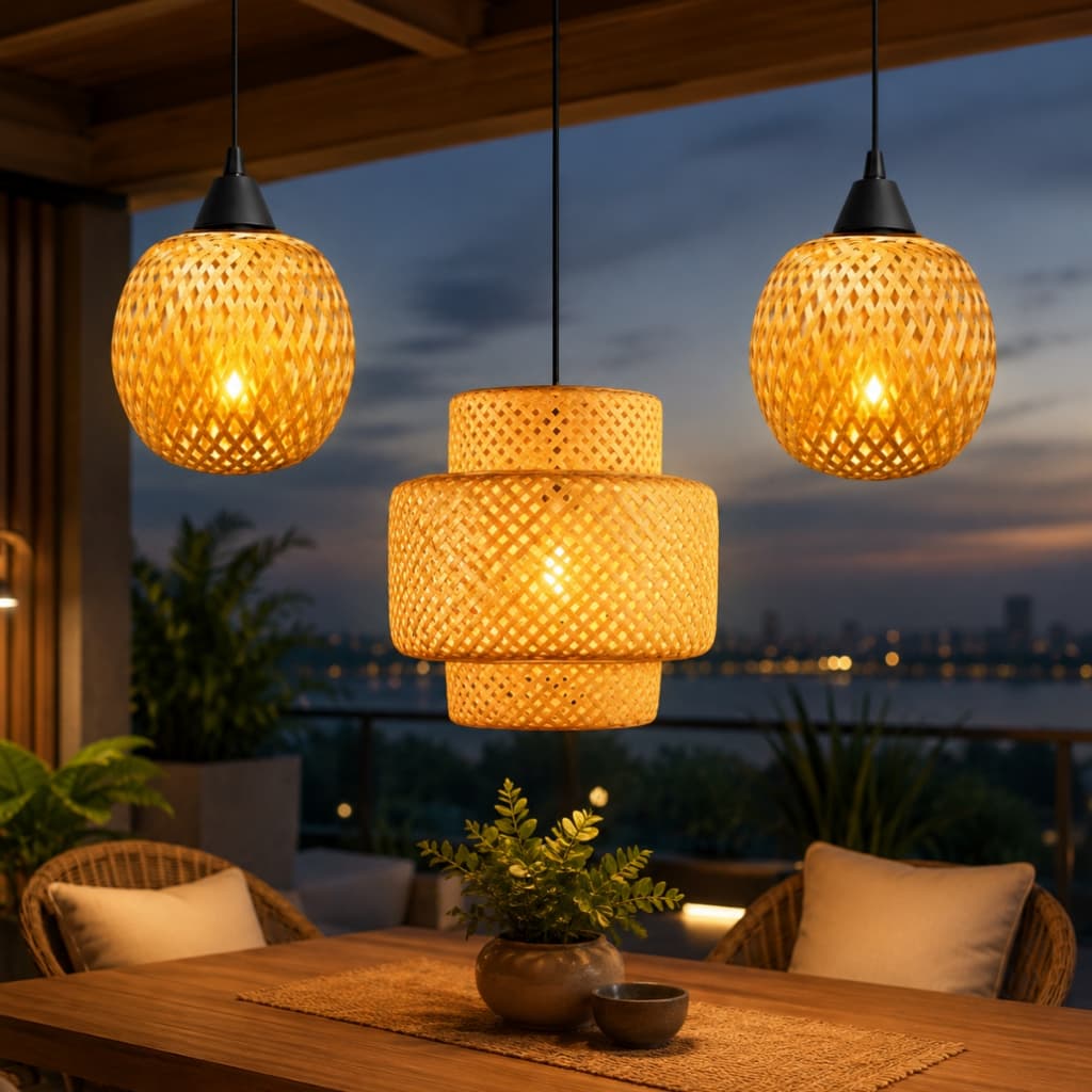 Kit 3 Lustres Pendentes Palha Bambu Sala Jantar Restaurante Mesa Bancada Bivolt MAYA CAYMAN
