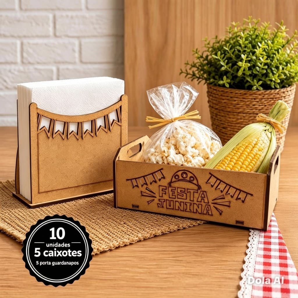 Kit Festa Junina Decorativo Mesa Mdf 10 Unidades com 5 Caixotinhos de Feira + 5 Porta Guardanapo
