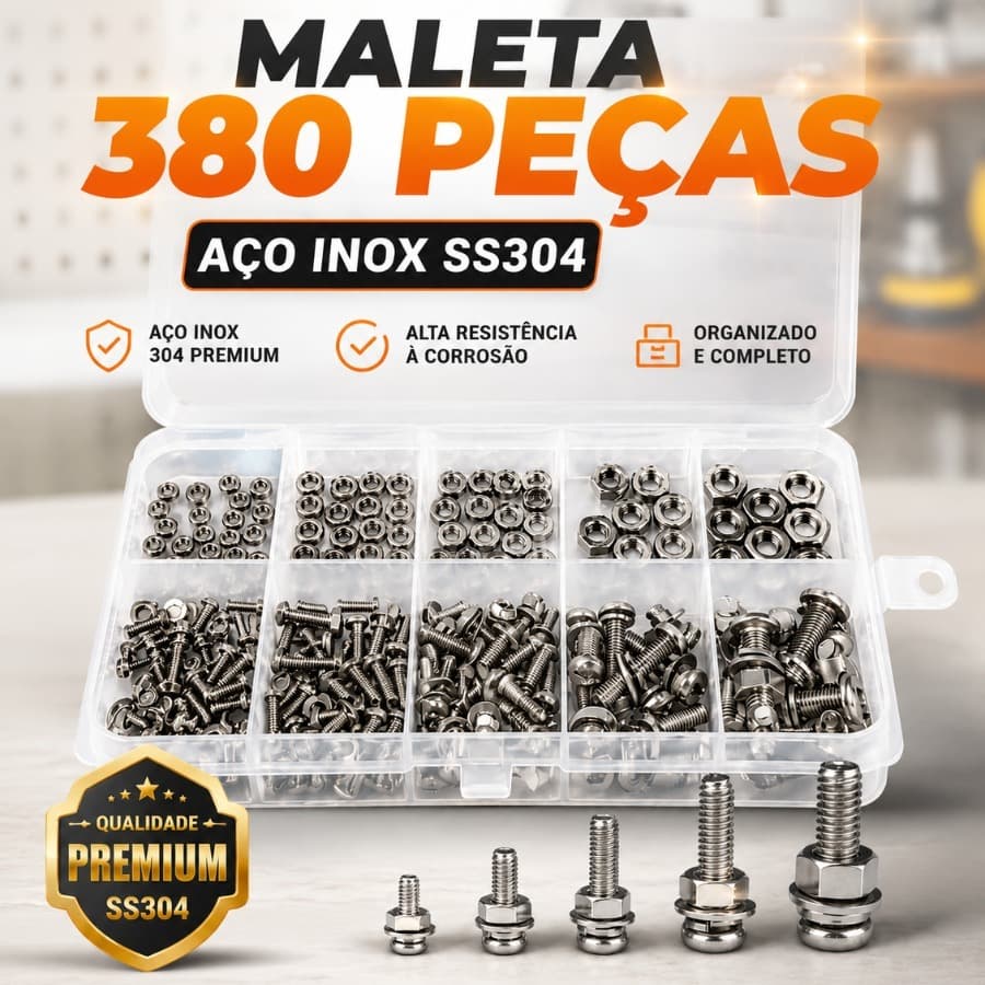 Maleta 380 Peças Aço Inox SS304 Parafusos Porcas Arruelas Para Manutenção E Reparos