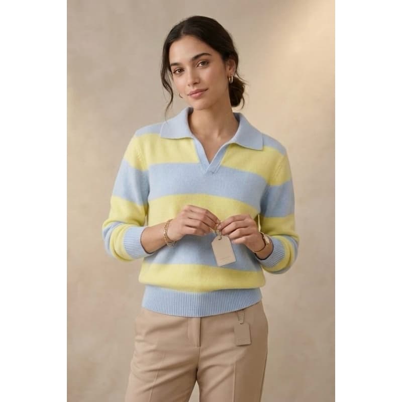 Blusa Feminina Tricot Alta Qualidade Gola Polo Listrada Manga Longa Premium Inverno