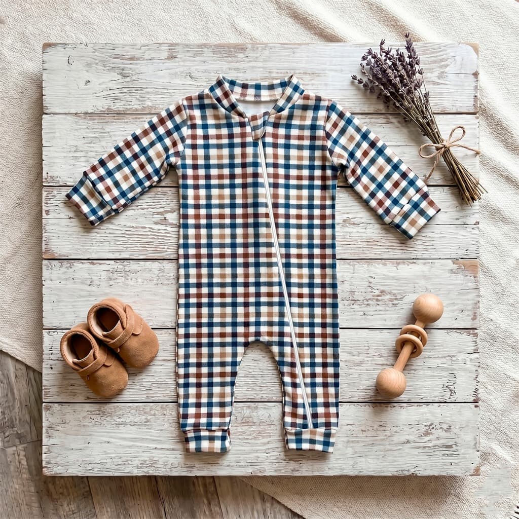 Macacão Bebê Estampado Xadrez Farm 100% Algodão Com Zíper Frontal RN Ao G Fazendinha
