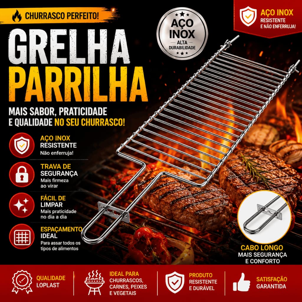 Grelha Parrilla 02 MOR para Churrasco – Vira Carne de Uma Vez | Grelha Dupla com Trava