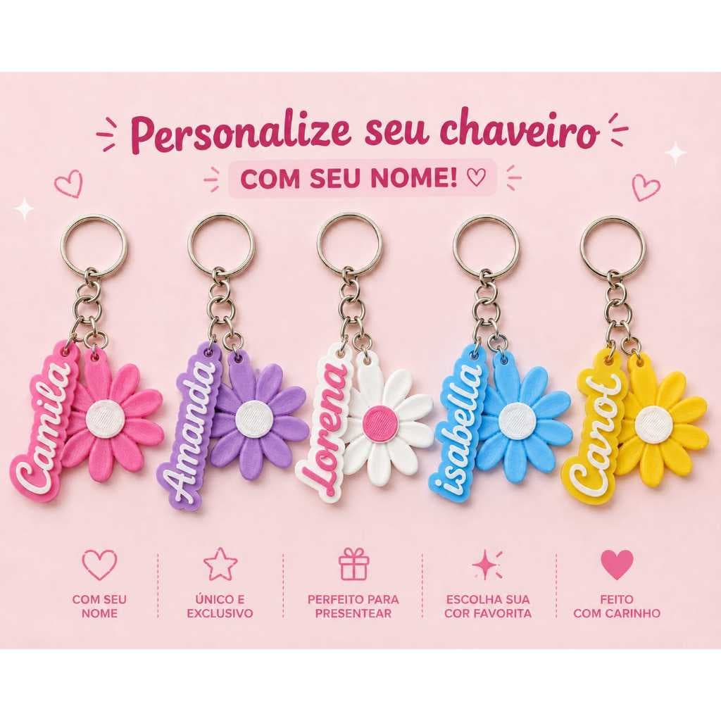 Chaveiro Personalizado com Nome  Flor Margarida Presente Exclusivo Lembrancinha Personalizada