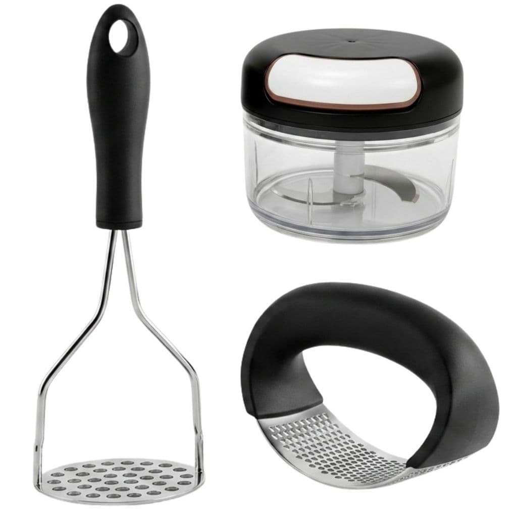 Kit 3 itens Amassador de Batatas Legumes Espremedor Amassador de Alho Mini Processador Alho Legumes