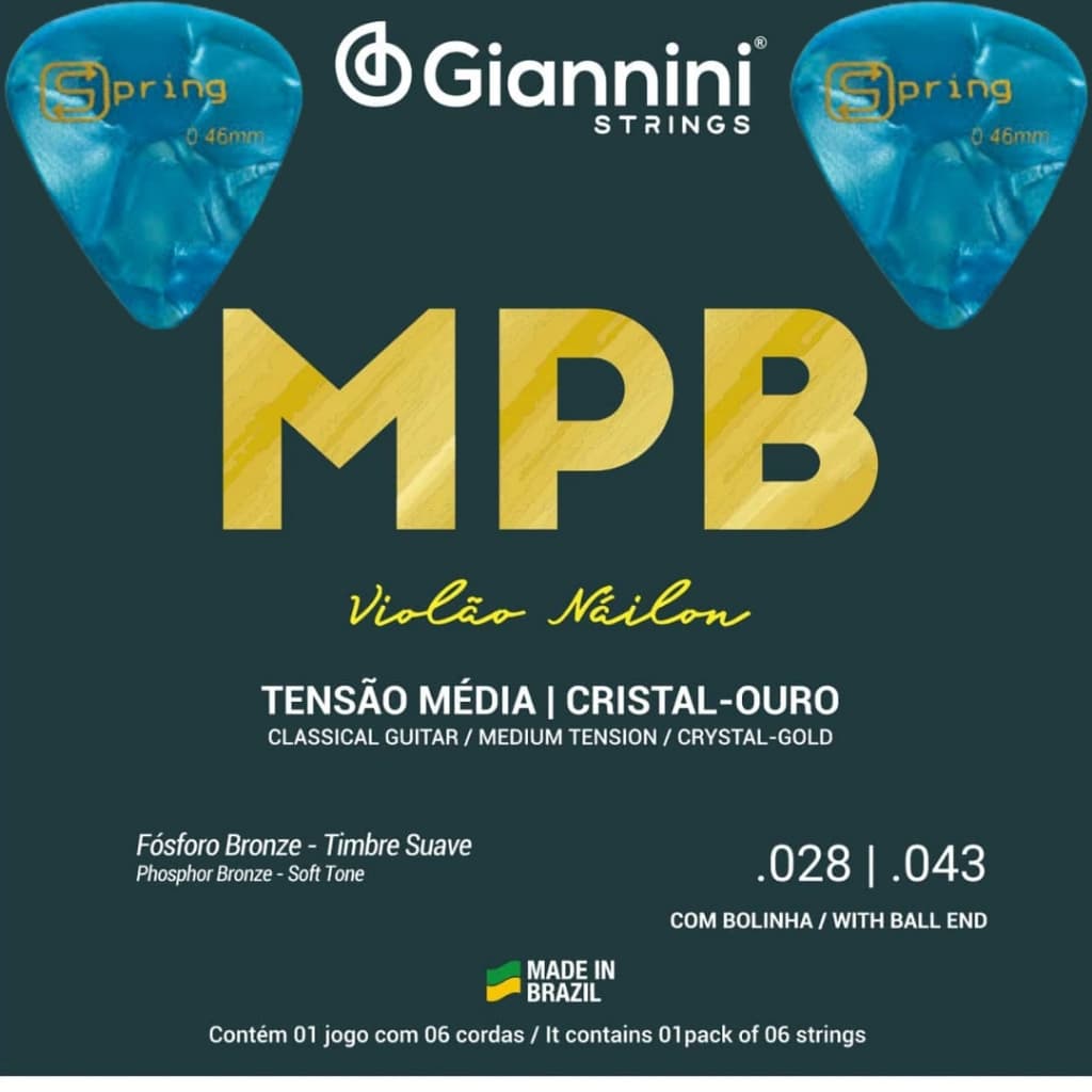 Encordoamento Completo para Violão Náilon 6 cordas Giannini MPB Fósforo Bronze Média + 2 Palhetas
