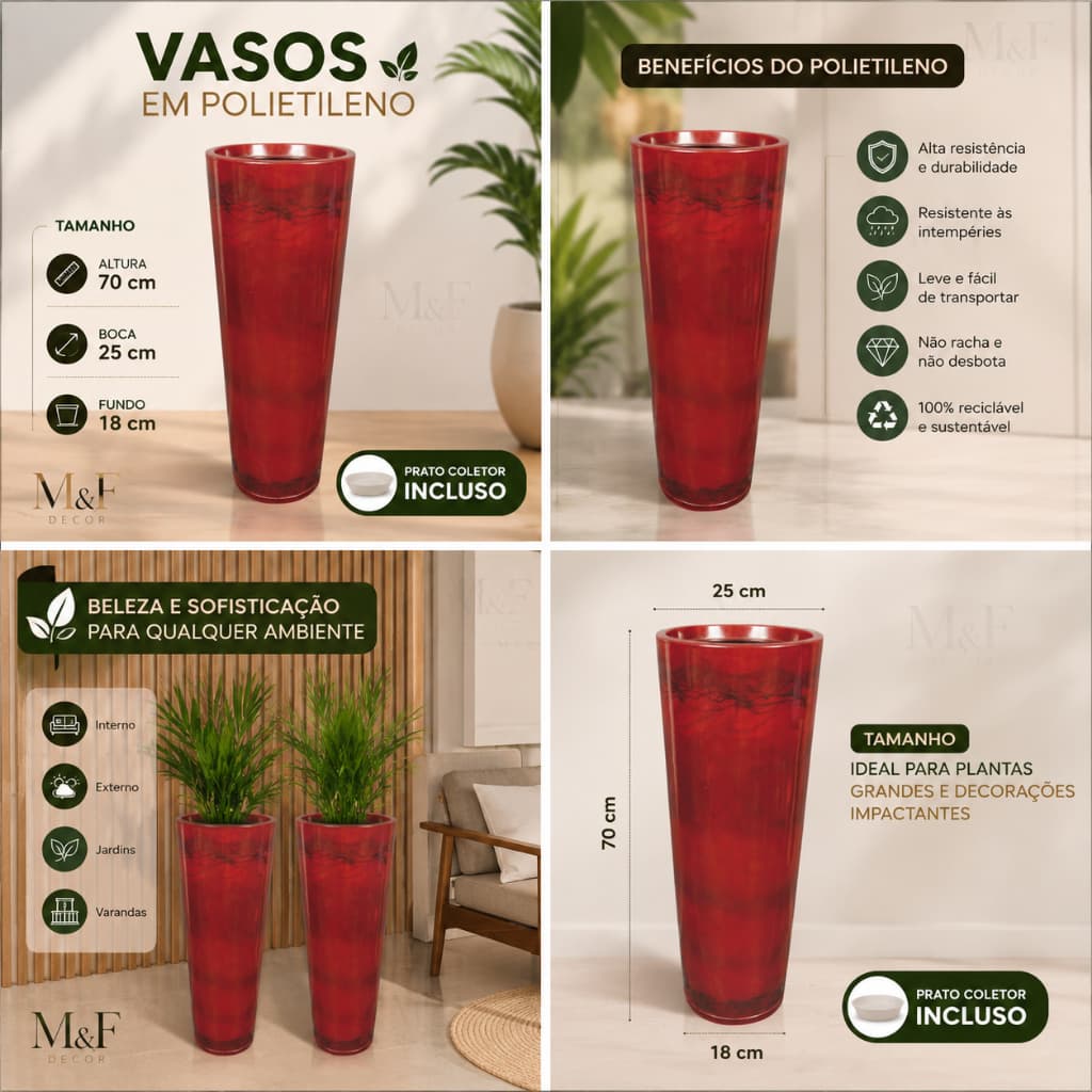 KIT 2 VASOS PARA PLANTA EM POLIETILENO DECORATIVO 70X25X18 COM PRATO COLETOR
