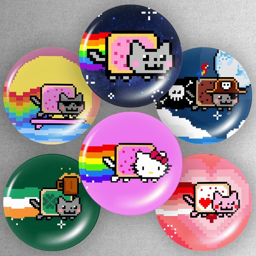Kit 6 Botons Nyan Cat Meme Geek Pixel Art Broche 45mm Para Mochila Roupa Coleção