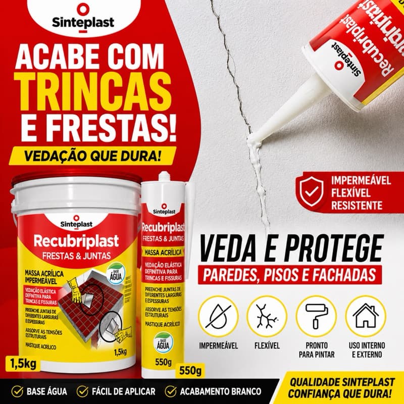VEDA TRINCAS FRESTAS JUNTAS | Massa Acrílica  Elástica (Selante) Impermeável Recubriplast | Branco 500g / 1,5kg