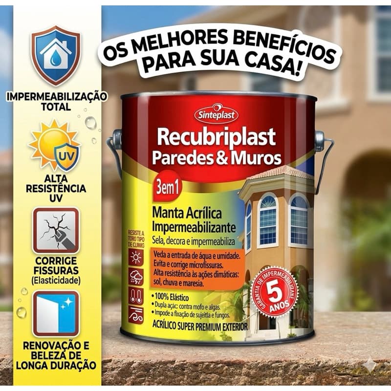 Tinta Emborrachada Impermeabilizante Para Paredes e Muros Alta Proteção Antifissuras Recubriplast galão 3,6L Branca