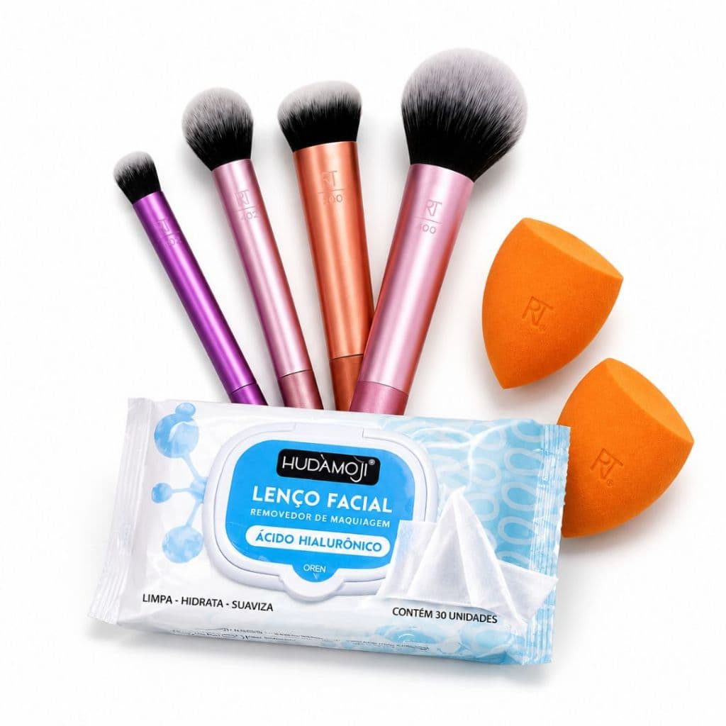 Kit Pincéis Maquiagem Com Esponjas E Lenço Demaquilante