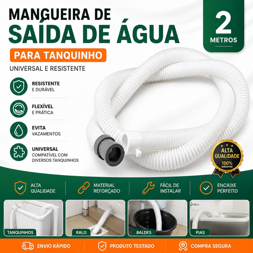 Mangueira Saída Tanquinho 2 Metros Branca - Resistente - Universal Atende Todas as Marcas