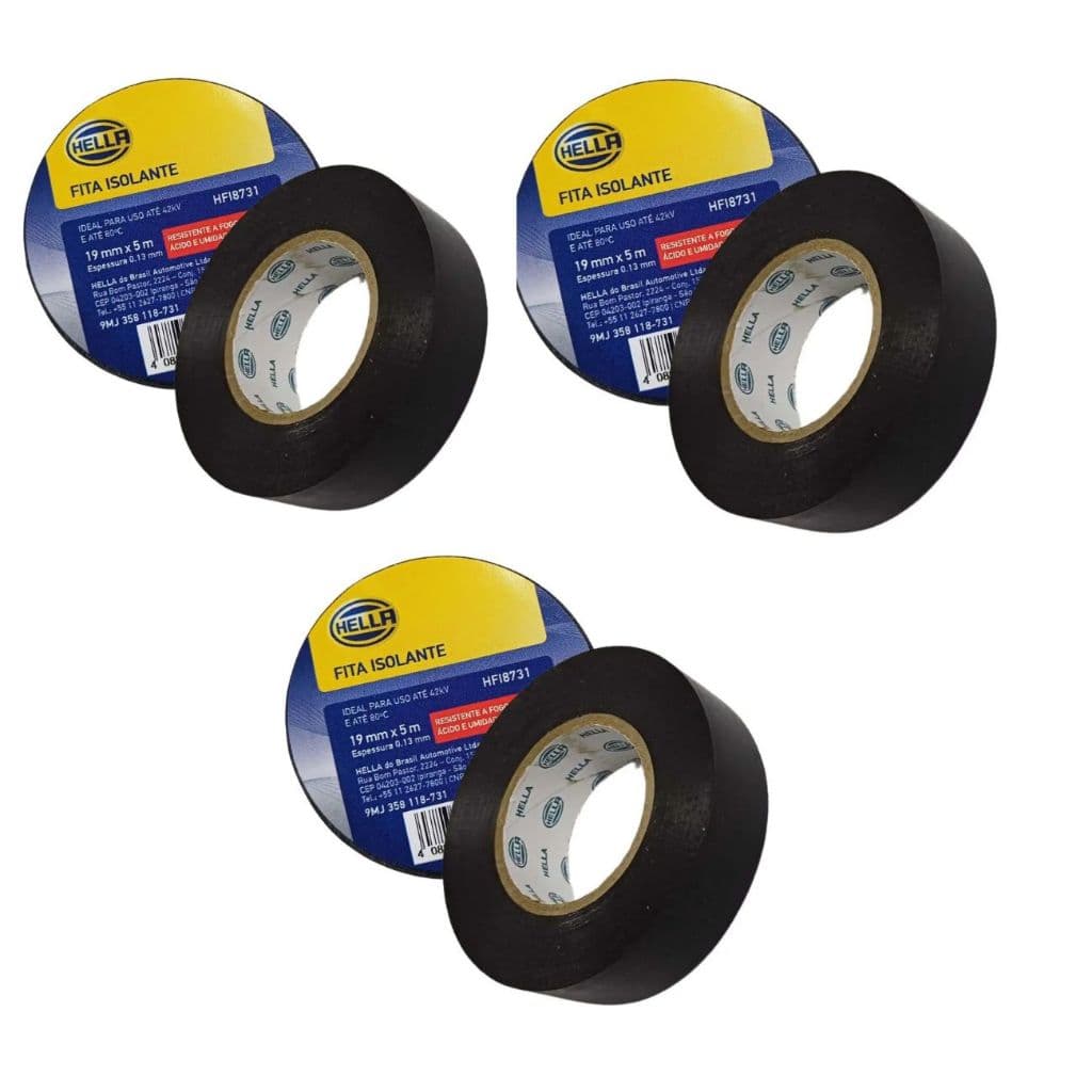 Kit 3 Fita Isolante Hella 5 Metros Preta Antichama Alta Resistência Elétrica Automotiva