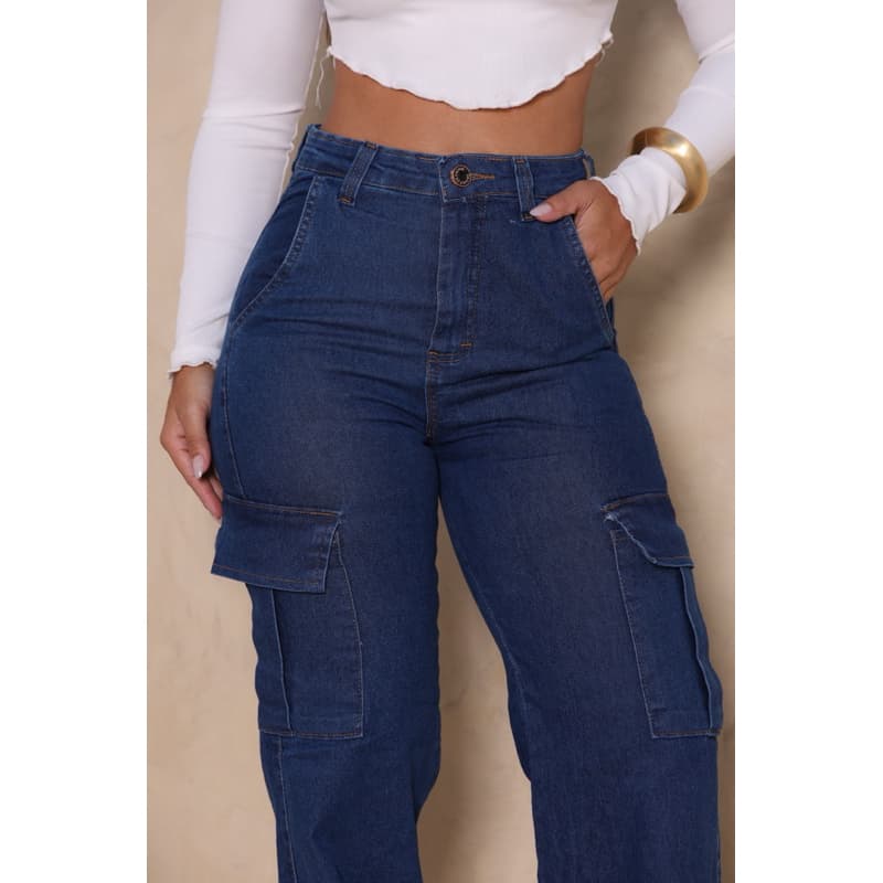 Calça Jeans Cargo Feminina Wide Leg – Cintura Alta Lavagem Azul