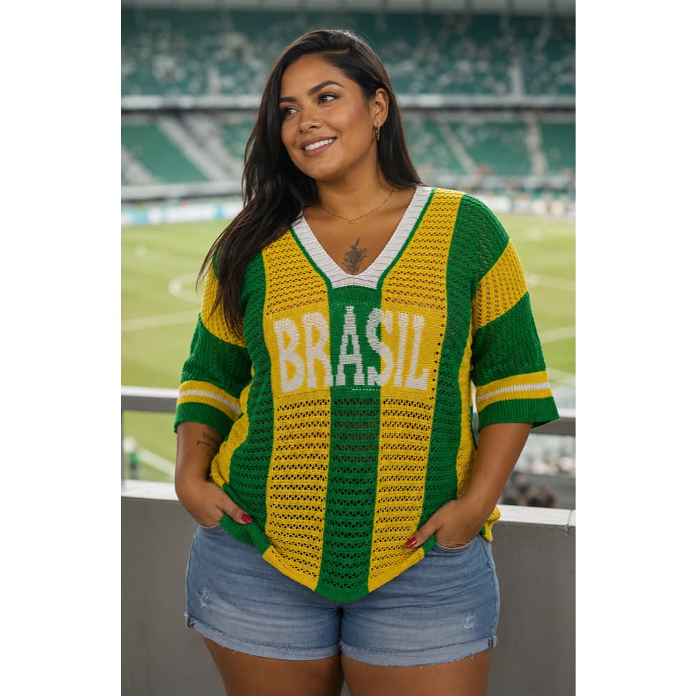 Blusa Tricot tipo Crochê Brasil Feminina Oversized Copa 2026 Envio Imediato