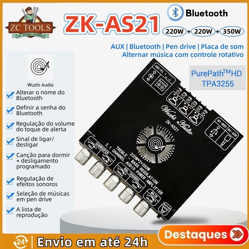 YS-AS21 Módulo Amplificador Digital Bluetooth TPA3255 com Subwoofer de Tons Altos e Baixos 220WX2+350W