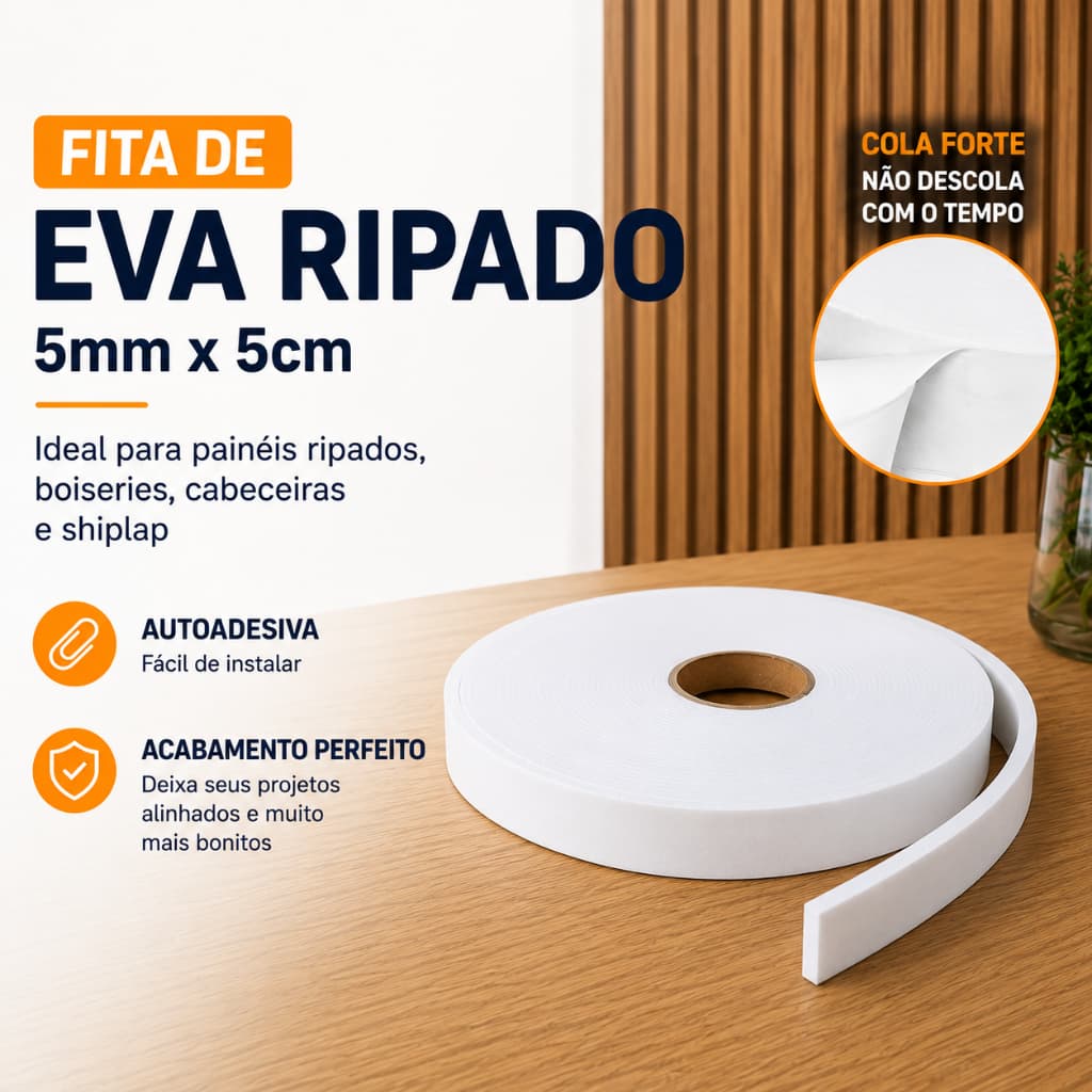 Fita EVA Ripado Autocolante 5mm x 5cm x 10m Cabeceira de cama Boiserie Shiplap