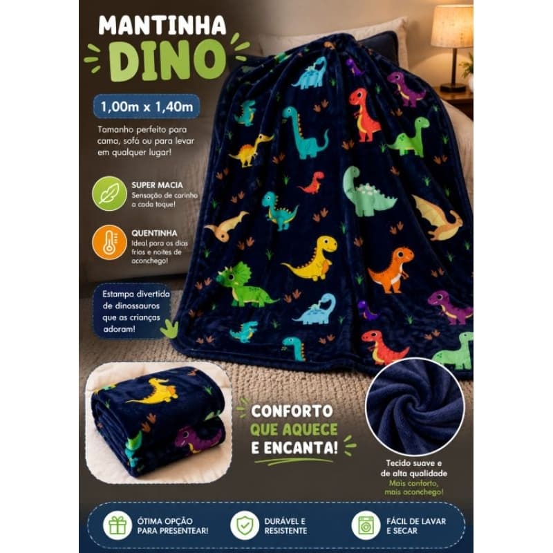 Manta Infantil Dinossauro 1,00x1,40m Super Macia Quentinha Cobertor Bebê Menino Criança Fleece Estampado