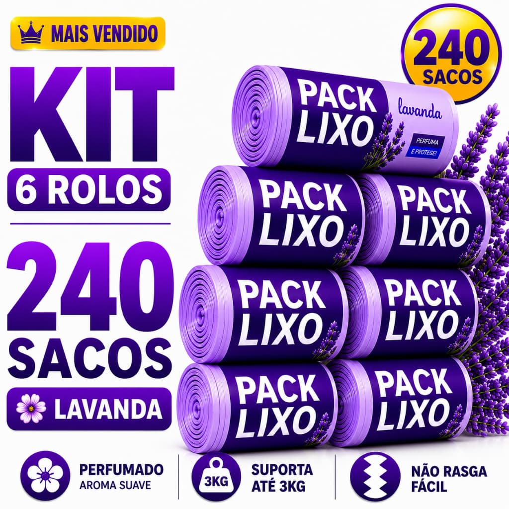 Kit 6 Rolos Sacos Lixo 10L Lavanda 240 Sacos Perfumados Resistentes Cozinha Banheiro Anti Odor
