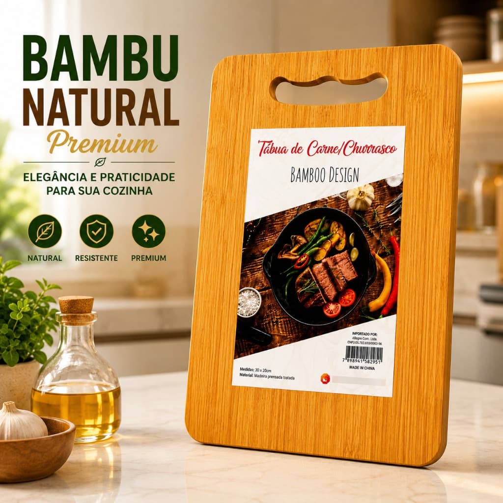 Tábua Bambu Cozinha Premium Corte Carne Churrasco Legumes Frutas Madeira Natural 30x20 Profissional