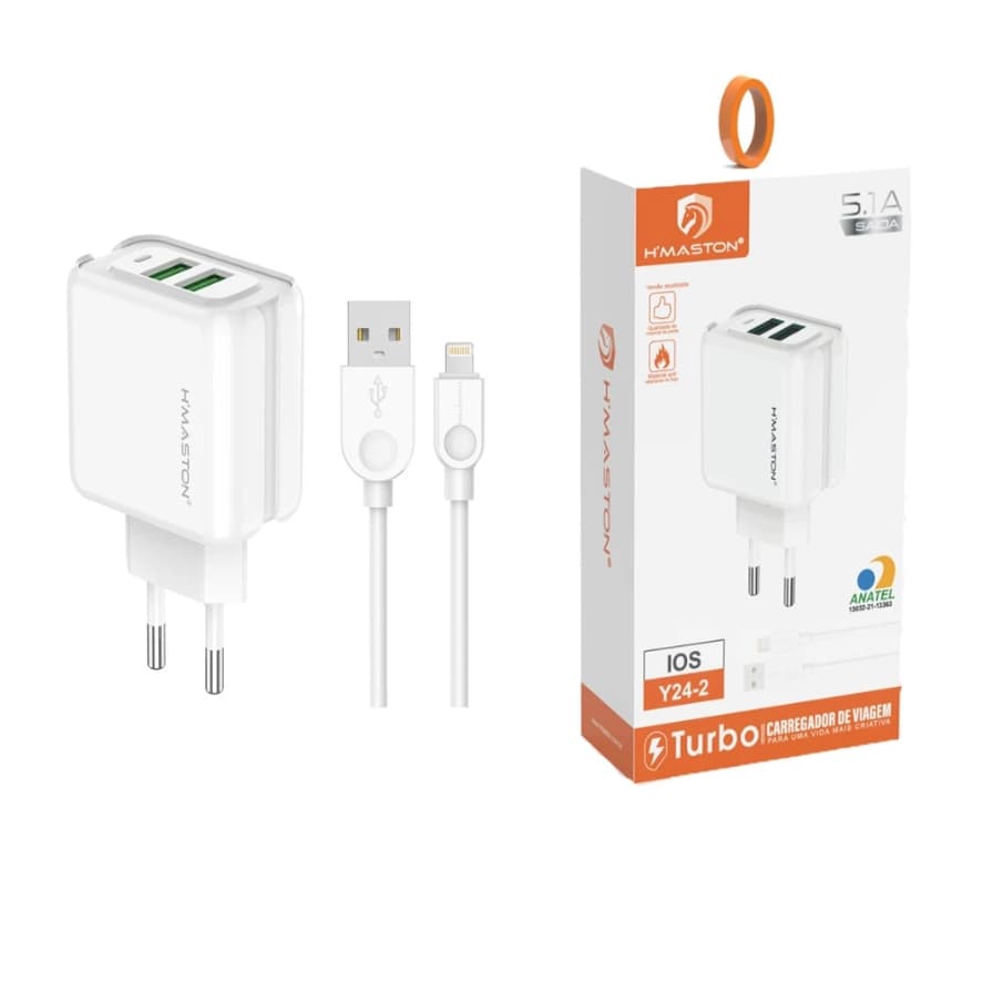 Carregador Turbo Iphone Fonte Torre Carregar Celular Portátil 2 Usb 5.1A Com Cabo H'maston Y24-2