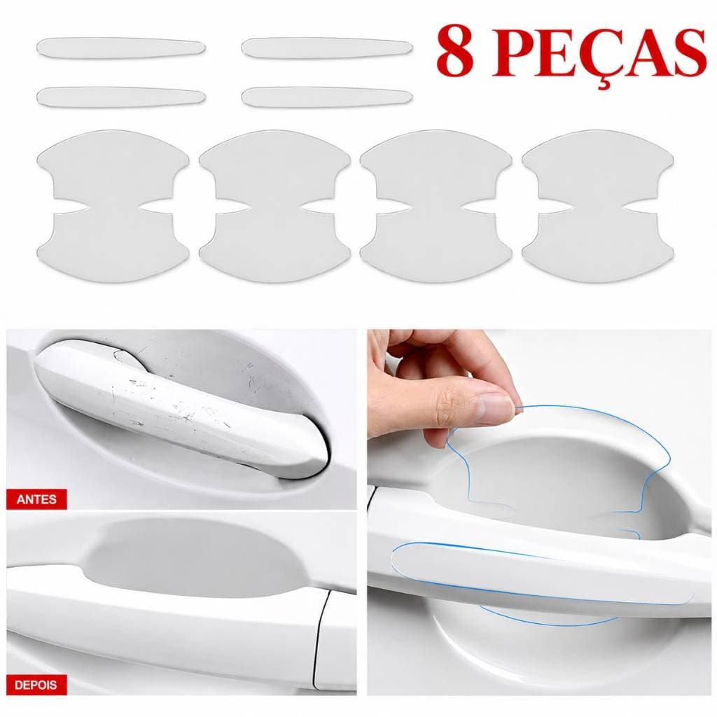 Película Protetora Anti-Risco para Maçaneta de Carro Transparente Kit 8 Peças Universal PVC Premium