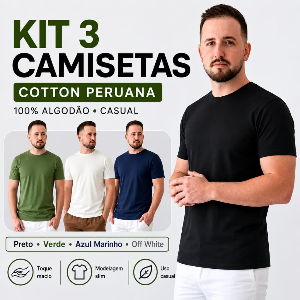 Kit 3 Camisetas Masculina Básicas Cotton Peruana Slim Fit Lisa 100% Algodão Casual