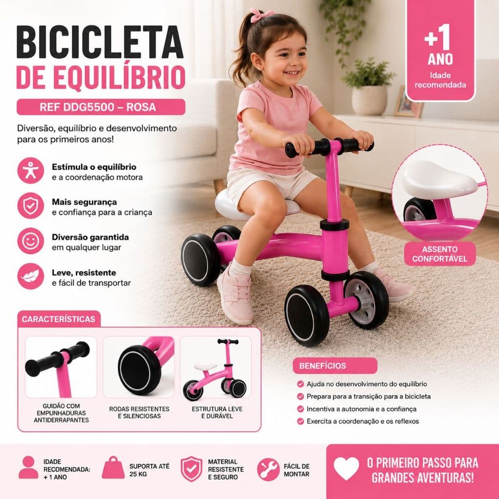 Bicicleta Equilíbrio Infantil Ajustável Rosa Promove Equilíbrio Diversão Aprendizado