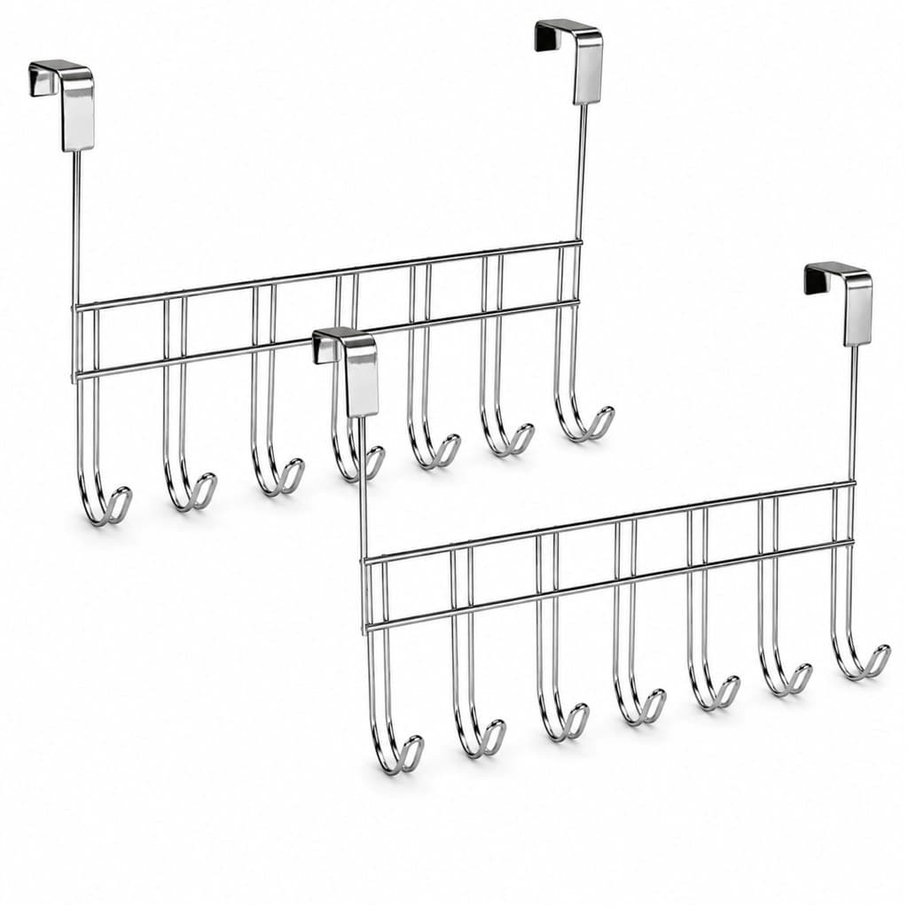 Organizador Porta 7 Ganchos Cromado Sem Furo Kit 2 Peças Banheiro Quarto