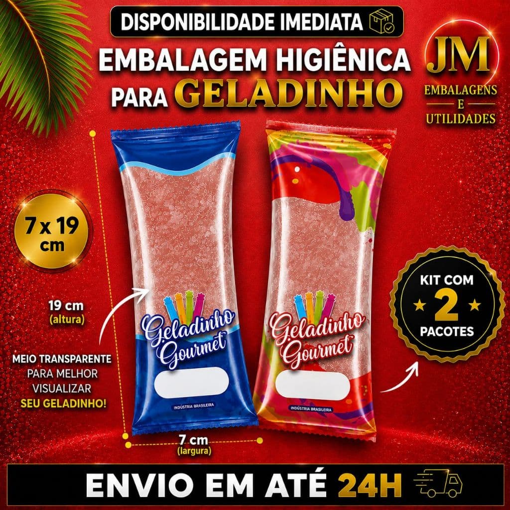 02 PACOTES Embalagem Higiênica bopp para geladinho gourmet vermelho/Azul 7x19