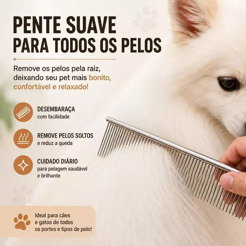 Pente Longo Escova Aço Inox para Escovar Pelos Pet Cachorro Gato 62 Dentes Profissional Banho e Tosa