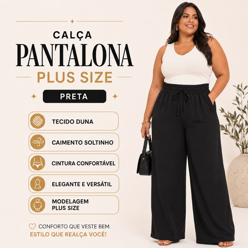 Calça Pantalona Plus Size Cor Preta Feminina Elástico Na Cintura Tecido Duna