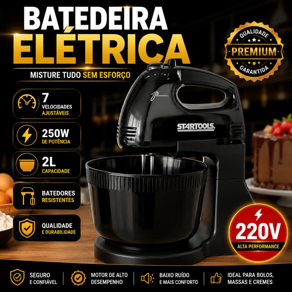 Batedeira Elétrica Bolo 220V Potente Balde 2L 7 Velocidades Design Moderno Preto Cozinha