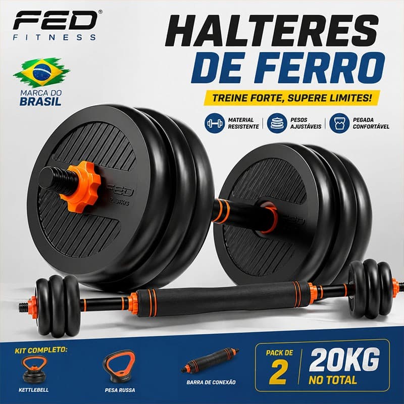 Kit Halteres Ajustáveis 20kg 5 em 1 Emborrachado Antiderrapante Barra Kettlebell Treino em Casa Fitness