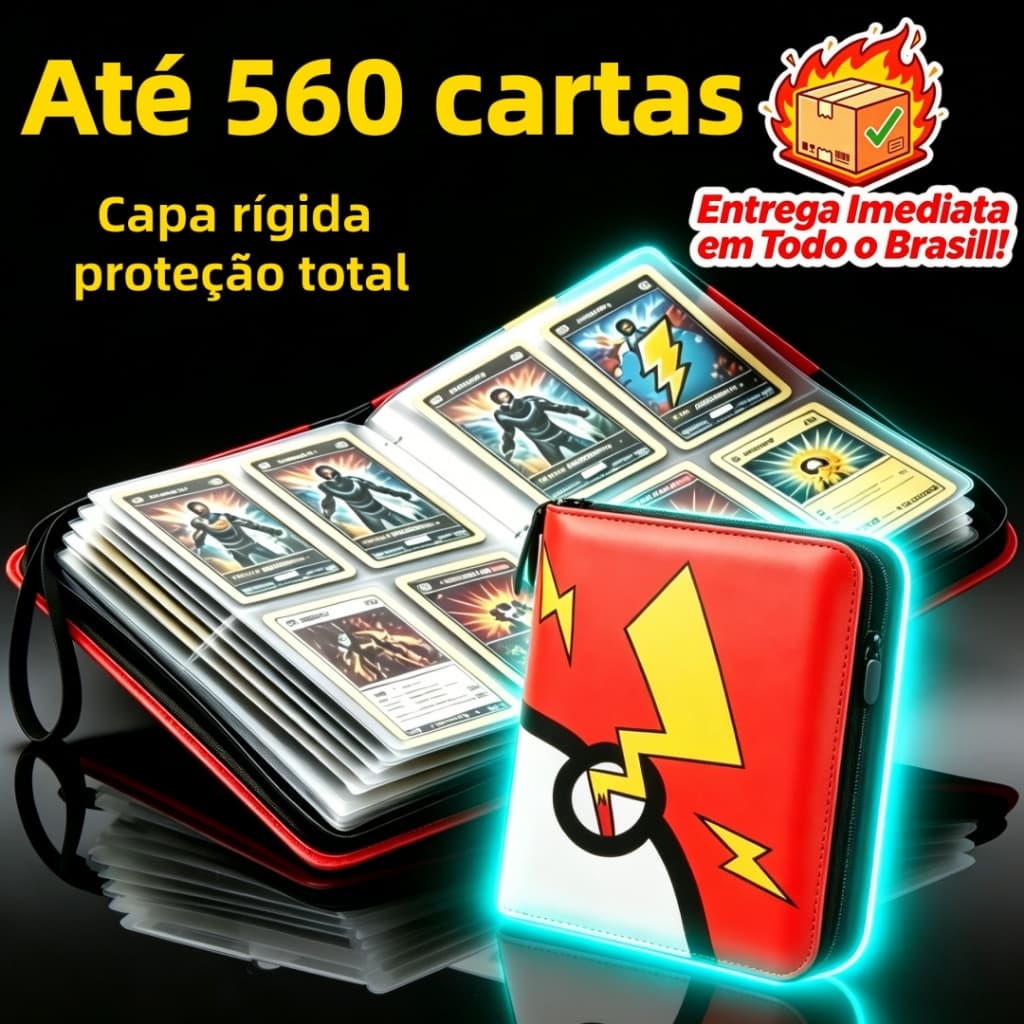 Álbum Fichário Pokémon TCG Pasta Porta Cartas 560 Capas Oficial Organizador Zíper Premium Coleção