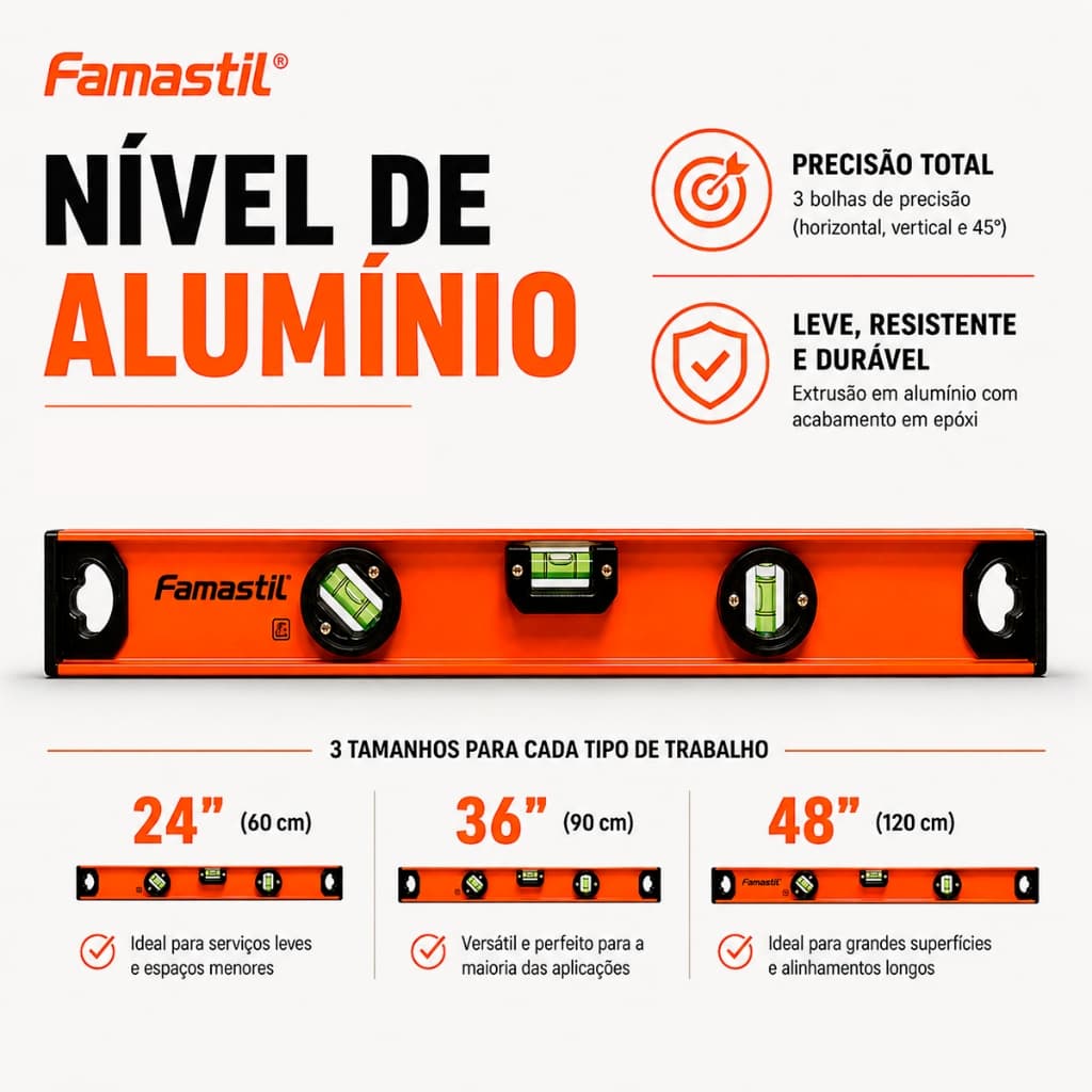 Nível Alumínio Imã Régua 3 Bolhas Construção Profissional Régua 48" Famastil Régua Precisão Obra