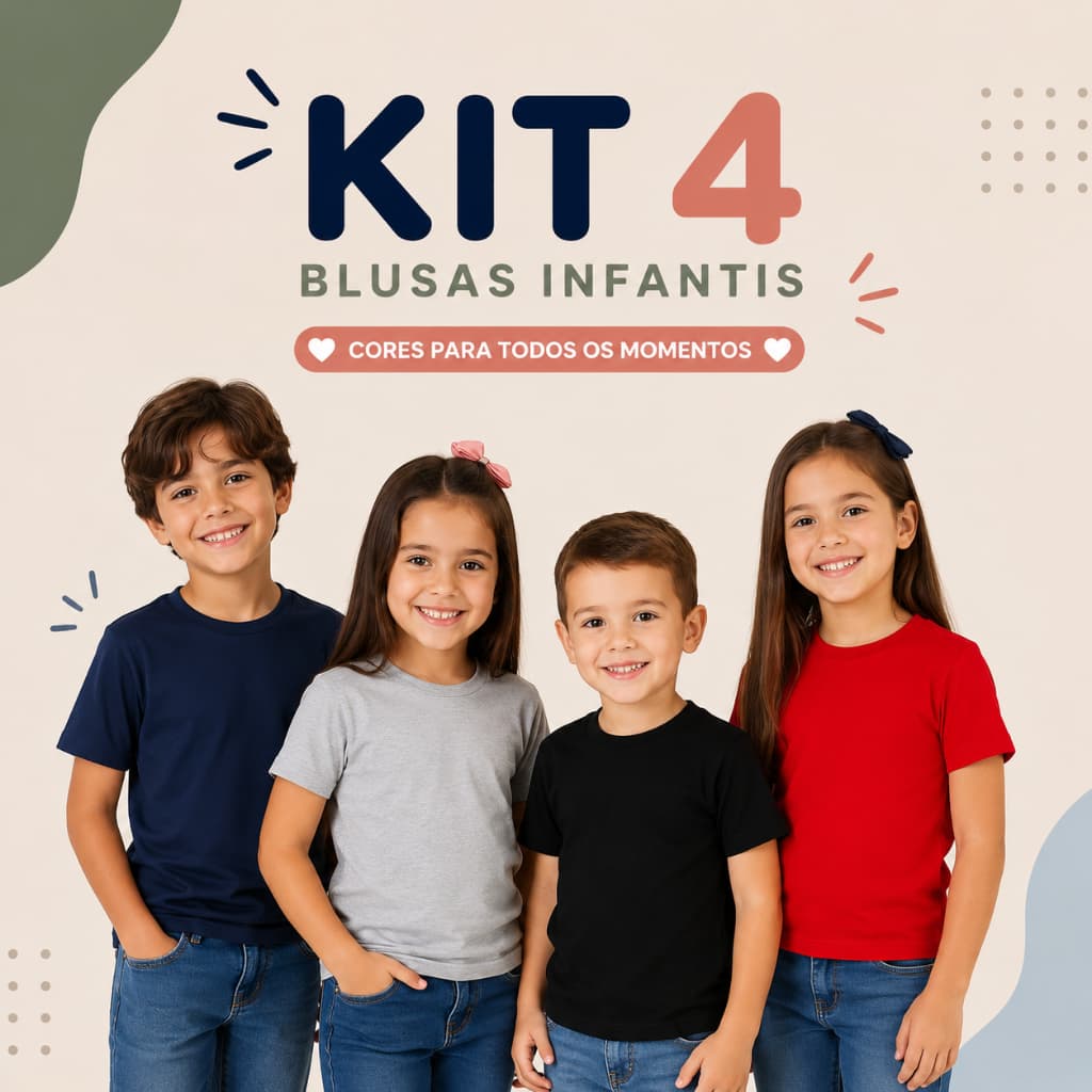 Kit 4 Camisetas Infantil Manga Curta 100% Algodão Unissex Menino Menina