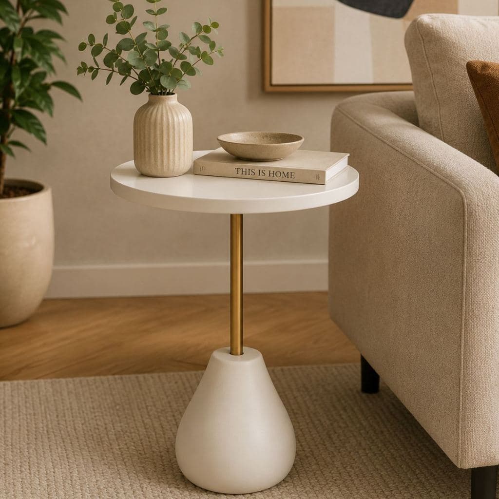 Mesa Lateral Rústica Eten Pé Torneado Madeira Maciça  Branca Com Dourado