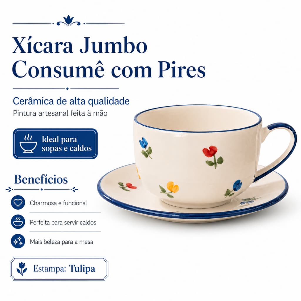 Xícara Consumê Jumbo Com Pires Cerâmica Artesanal Cachepô Tigela Para Sopas Caldos Quentes E Cremes.