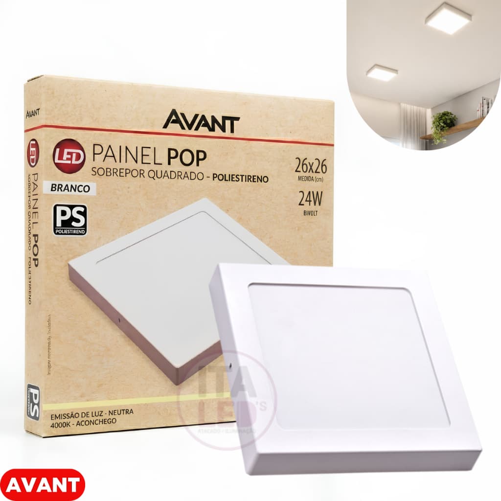 Luminária Plafon Led 24W Avant Sobrepor Quadrado Luz Branco Neutro 4000K Bivolt 127V - 220V