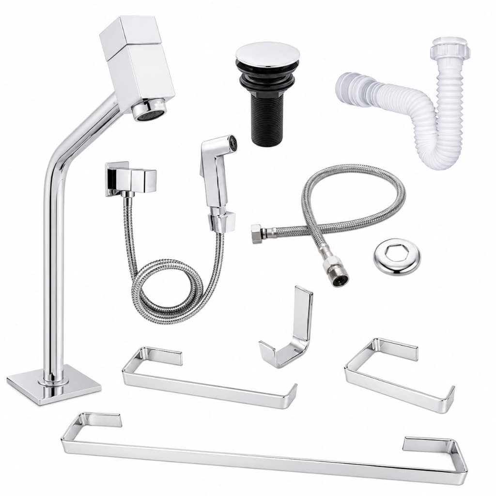Kit Para Banheiro 6 Peças Quadrado Cromado Com: Torneira + Ducha + Kit Completo
