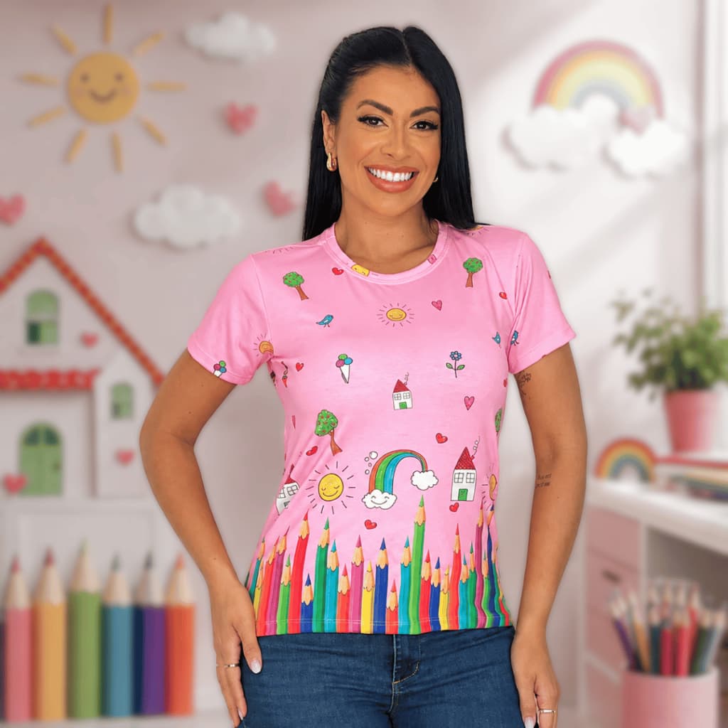 Tshirt Feminina Premium Área da Educação Blusa Manga Curta Confortável - Rosa