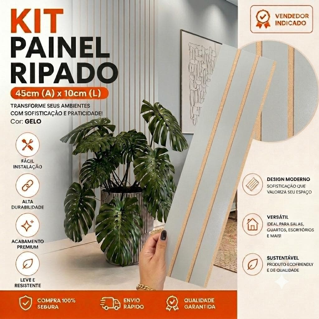KIT 5 ATÉ 50 PAINEL RIPADO MDF PREMIUM 45CMX10CM FREIJÓ IMBUIA PRETO GELO DECORAÇÃO MODERNA SALA TV