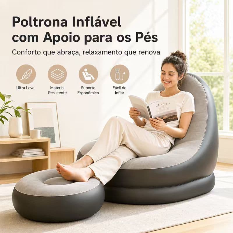 Sofá Inflável Preguiçoso com Pufe, Conforto Ergonômico, Antiderrapante, Dobrável e Portátil para Quarto e Sala