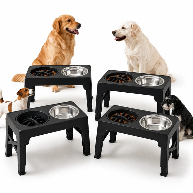 Comedouro Elevado Ajustável 5 Alturas para Cães, Dobrável com 2 Tigelas Inox+Comedouro Lento,abs,pp
