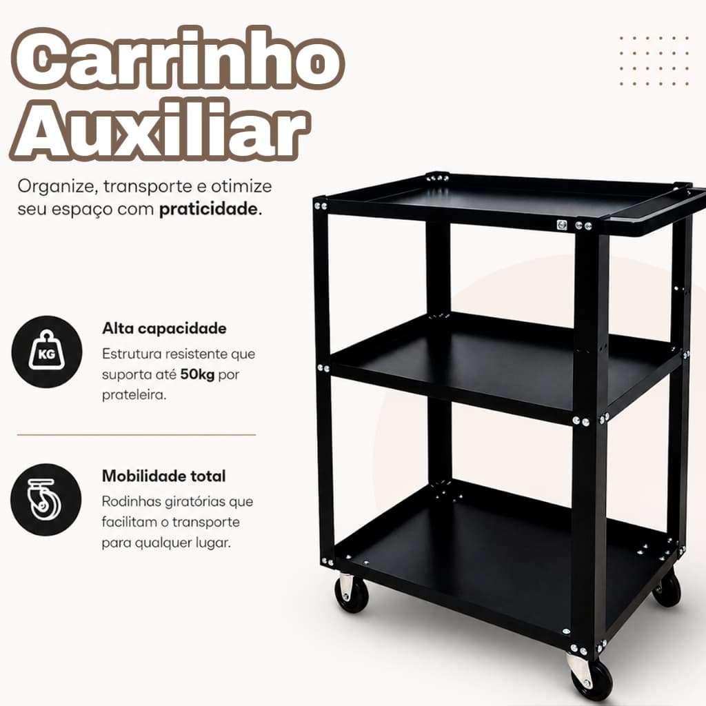 Carrinho de Ferramentas 3 Prateleiras Carrinho Reforçado Carrinho Auxiliar Ferragens Presto Dark