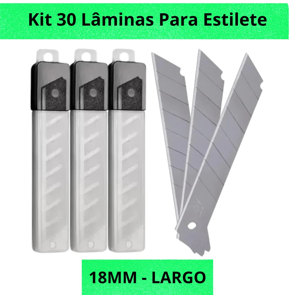 Kit 30 Lâminas Para Estilete 18mm Largo Grande Aço Reposição Universal Resistente