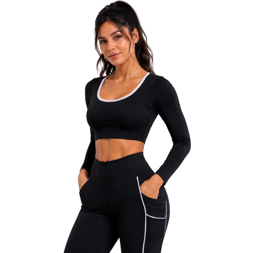 Conjunto Feminino Top Cropped Manga Longa Calça Legging Alta Compressão Com Bolso Para Treino Academia Fitness