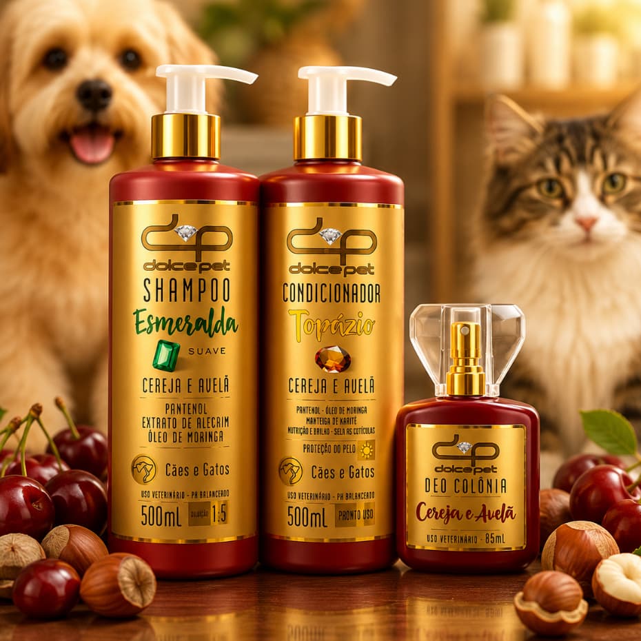Kit Banho Pet Premium Shampoo Suave + Condicionador + Perfume Cachorro Gato Cereja Avelã Dolce Pet
