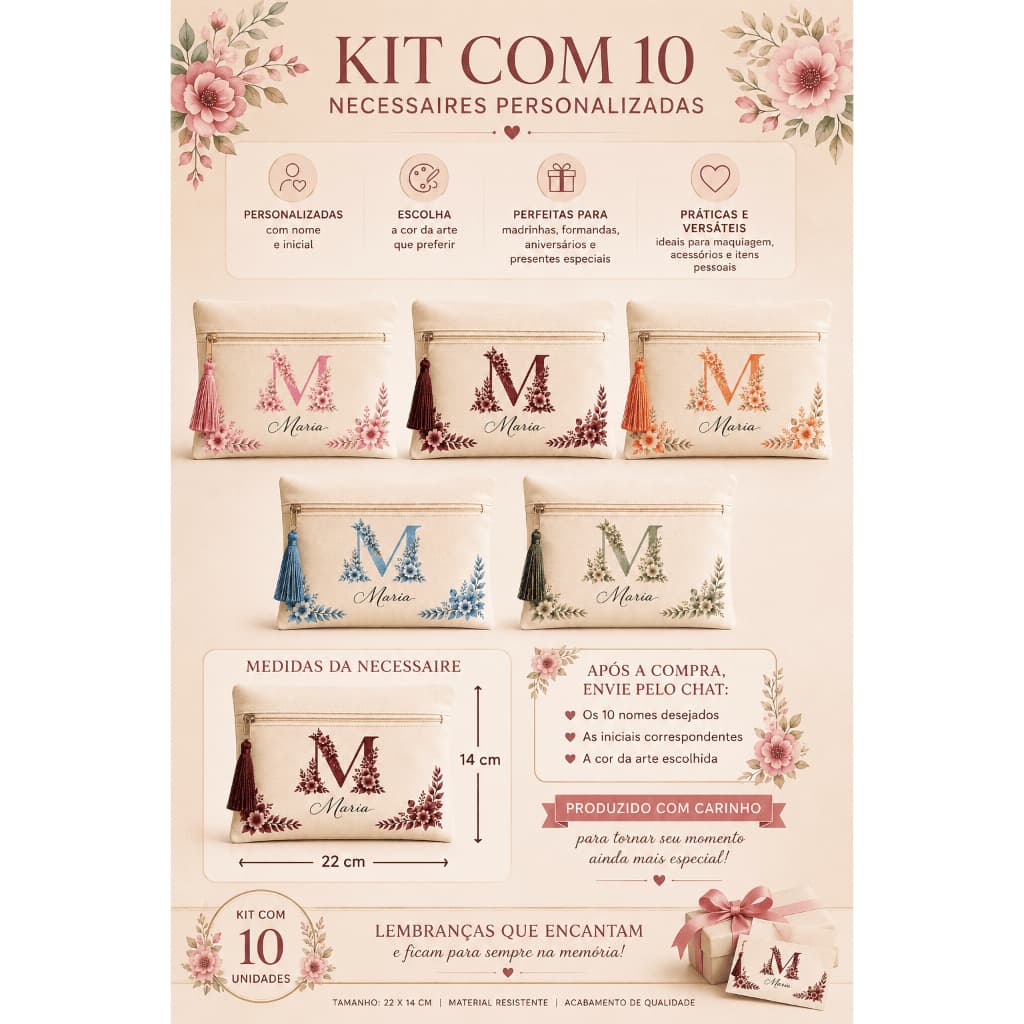 Kit 10 Necessaires Personalizadas com Nome e Inicial Lembrancinha Madrinhas Formandas Aniversário Casamento